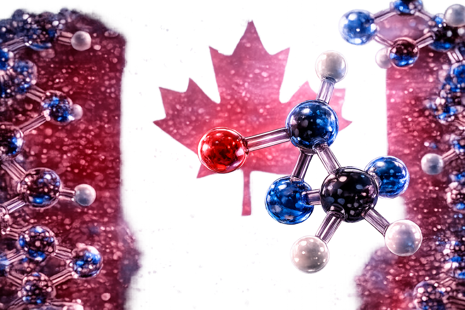 Molecular model in front of the Canadian flag