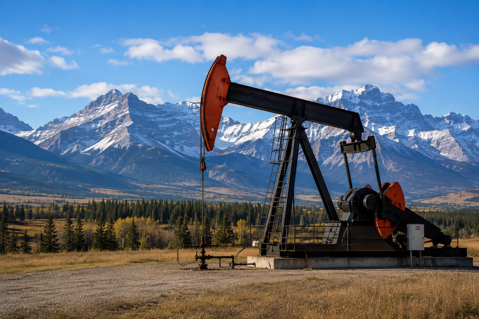 Pumpjack against the Rocky Mountains